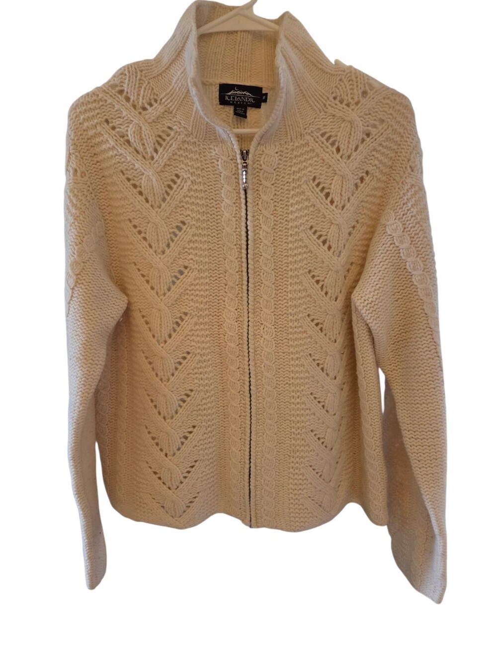 Icelandic Design Cable Knit Zip Cardigan Sweater M Wool Cashmere Cottagecore